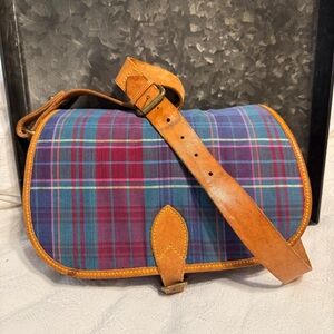 VTG Ralph Lauren Country Madras Plaid Genuine Leather Flap Saddle Shoulder Bag